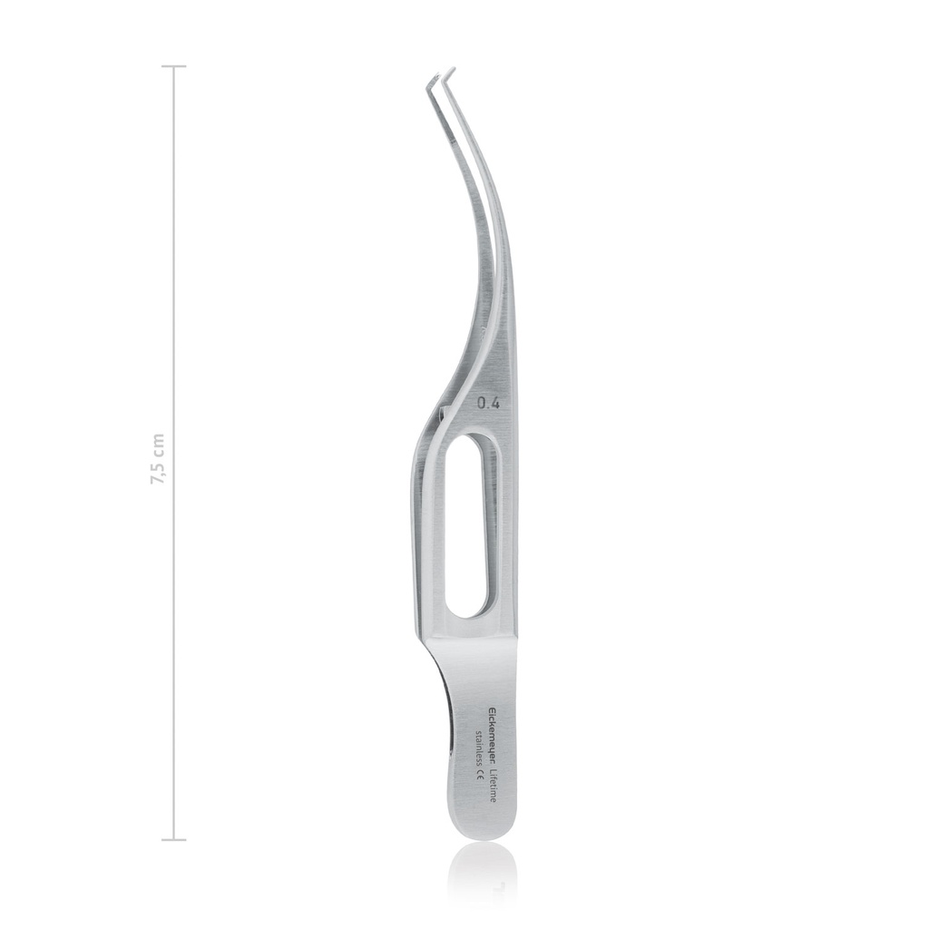 Iris/suture tweezers BARRAQUER (Colibri), 0.4mm, L 7.5cm, 1 x 2 teeth, 45°, with platform