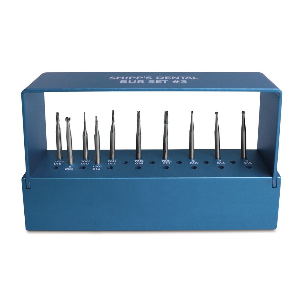 Veterinary burr Set #3 (H.P), L=44,5 mm with aluminum autoclavable bur block 