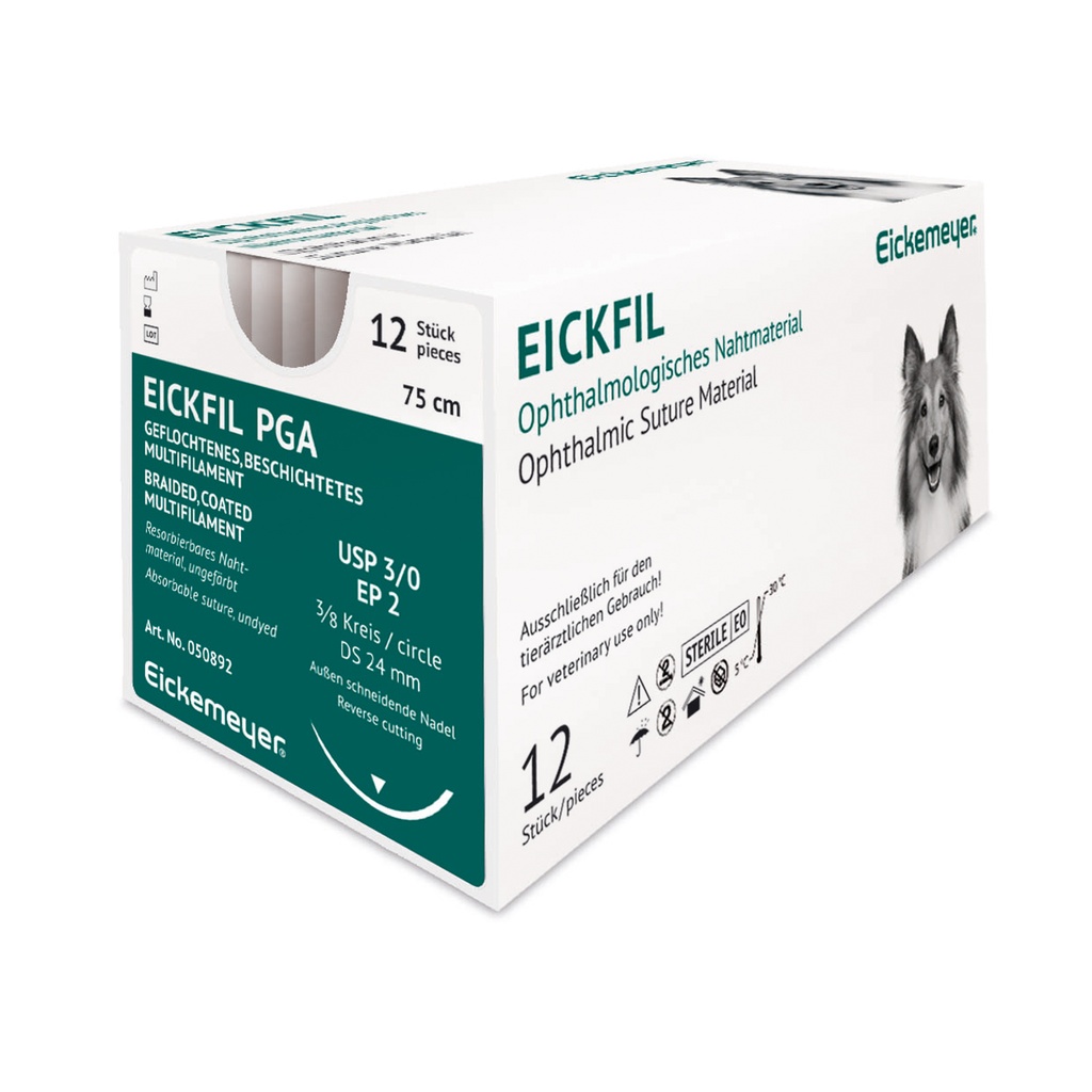 EickFil PGA, USP 3/0, EP 2, 3/8 circle DS 24 mm, reverse cutting needle, undyed, 75 cm, box with 12 sutures