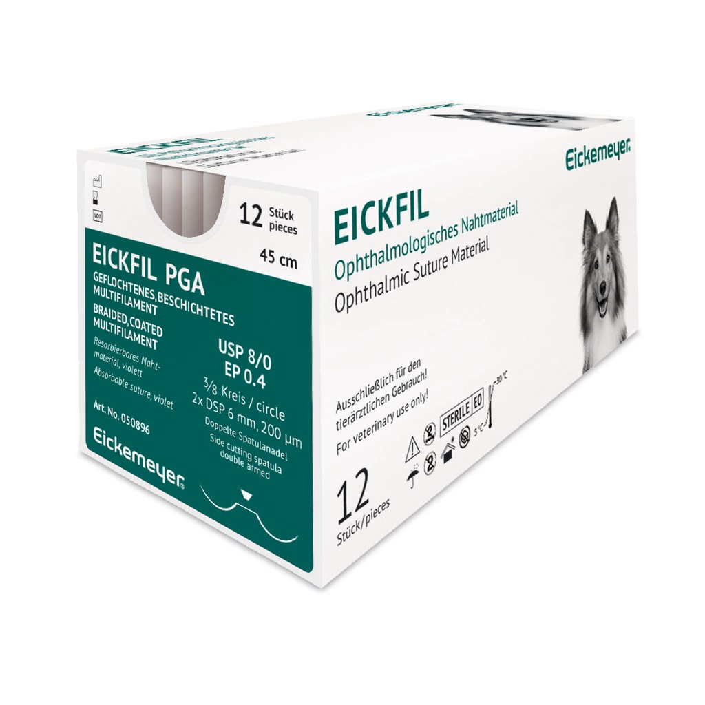 EickFil PGA, USP 8/0, EP 0.4, 3/8 circ. 2xDSP 6mm 200µm, side cut. double armed 