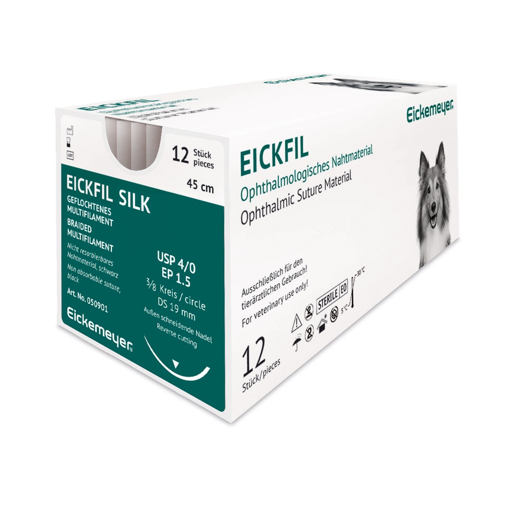 EickFil Silk, USP 4/0, EP 1.5, 3/8 circ. 3/8 circle, DS 19 mm, reverse cutting black, 45 cm, box with 12 sutures