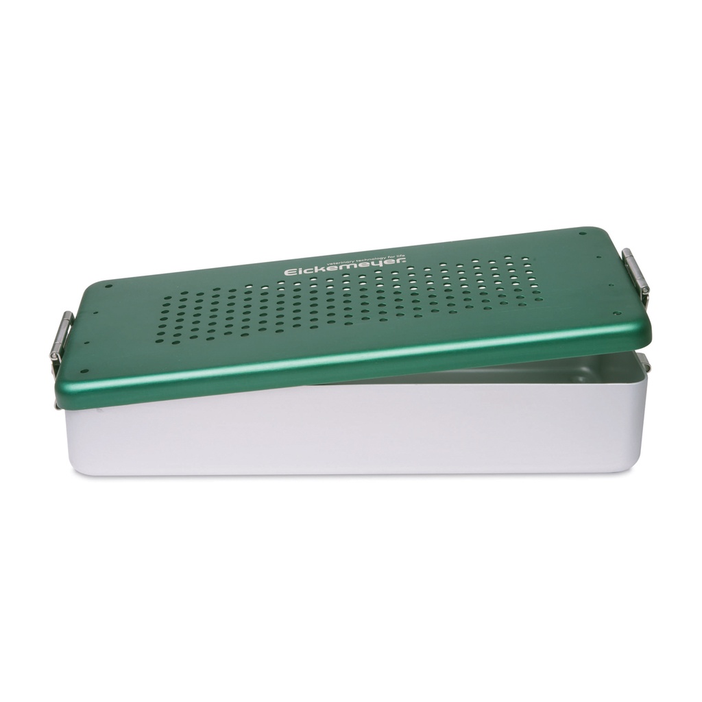 Instrument box with perforated bottom and lid, 300 x 140 x 70 mm, aluminium green lid