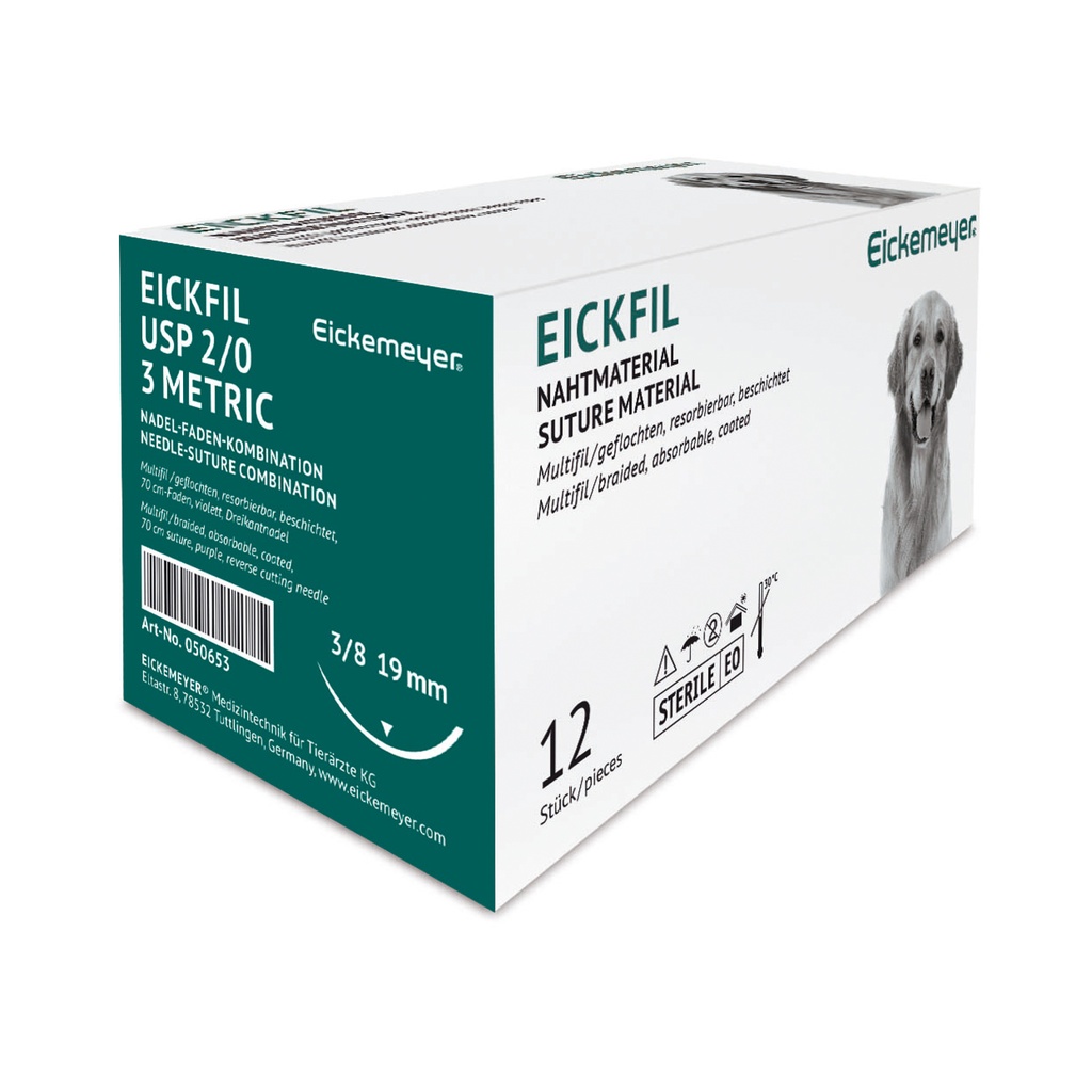 Suture material EICKFIL, absorbable, synth., surgical needle triangular 19mm, 2/0 (3) 70cm, package of 12 pieces