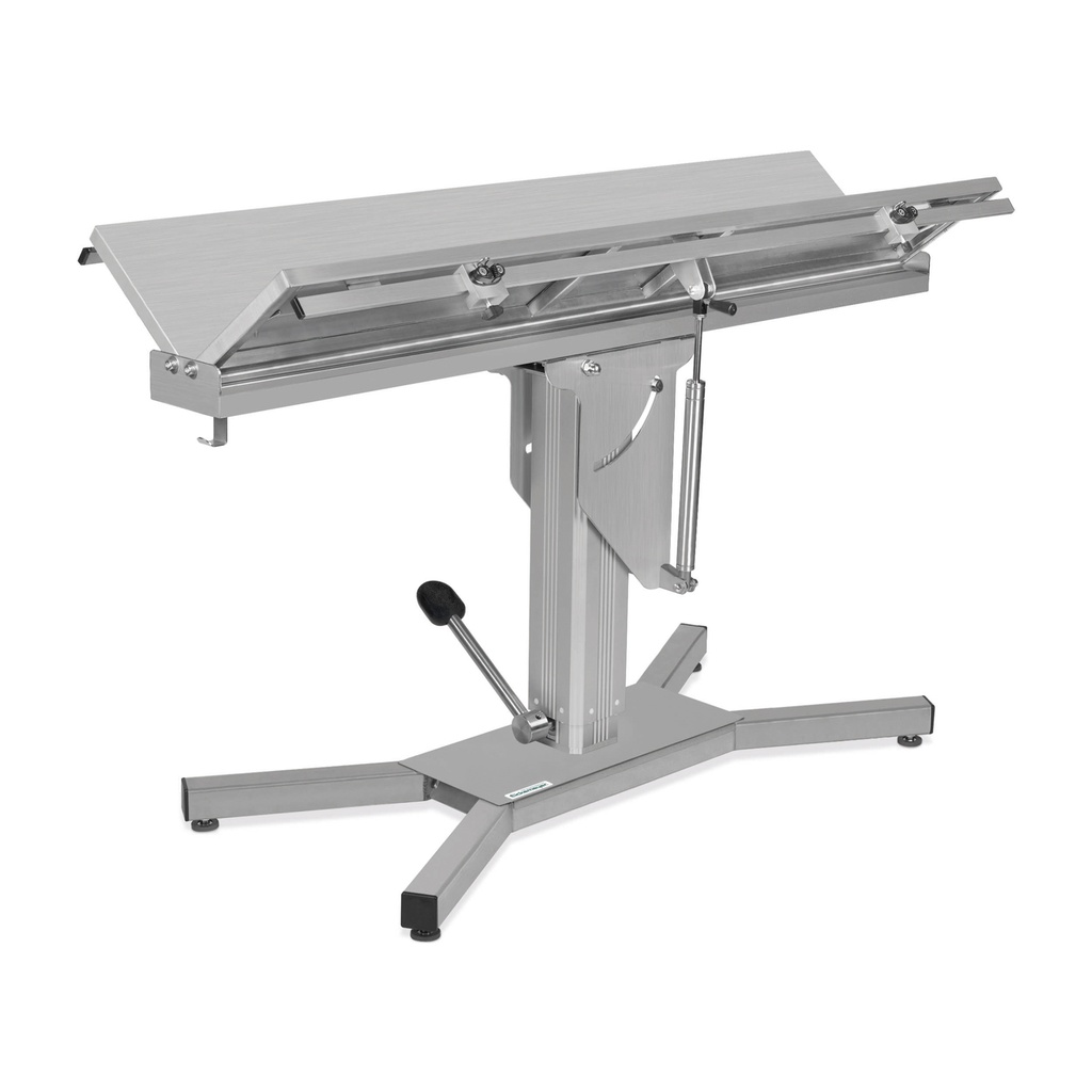 Operating table with stainless steel V-top, 140 x 50 cm, tilt mechanism one direction appx. 75°, X-Form base, hydr.