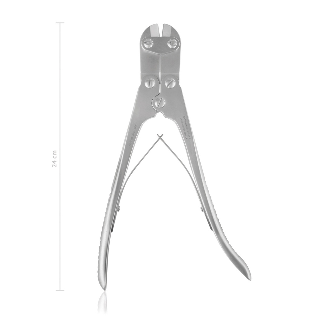 K-wire cutter, 24 cm, 9 1/2" Wire: 2 mm up to 3,5 mm Plates: up to 2 mm