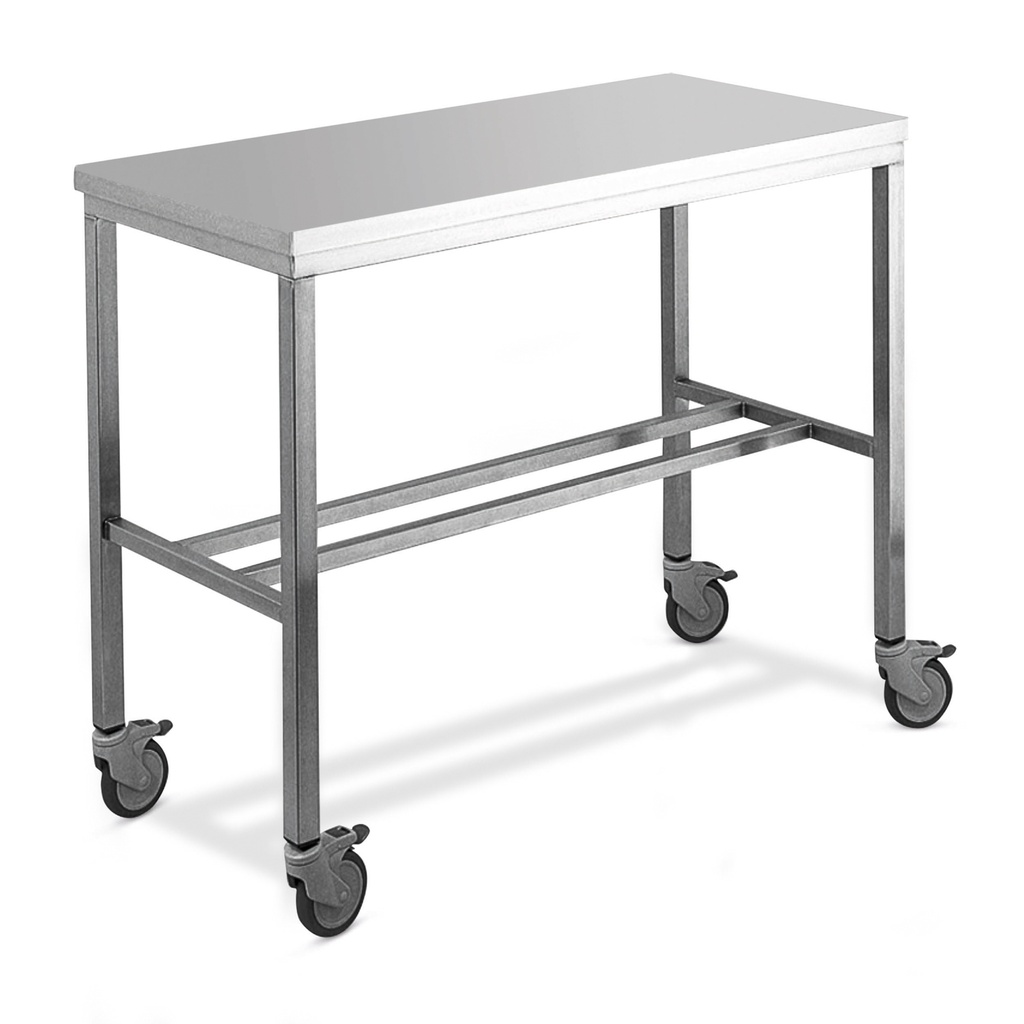 Examination table, stainless steel, 130 x 60 x 90 cm, including 4 wheels and flat table top