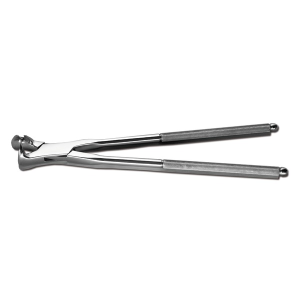 Molar forceps, three-root, box-joint with knurled handles, for very little crown in aged horses, off side