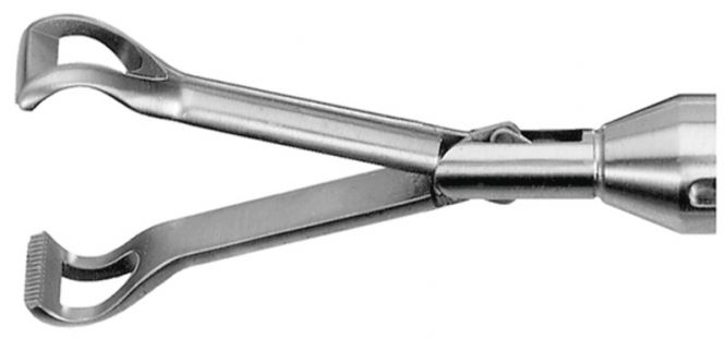 Grasping forceps Babcock, rotable, with connector for unipolar coagulation, Ø = 10 mm, L = 45 cm, plastic handle