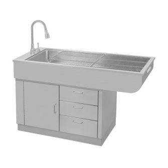 EICKEMEYER wash and dental table made entirely of stainless steel, L=1400 x W=600 x H=880 mm, basin depth: 5 cm, knee space 70 cm, hand shower (pull-out) and divisible grate, 3 drawers and one door