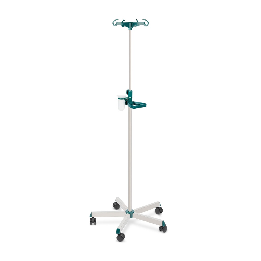 I.V. stand, height-adjustable, 5 castors, plastic bottle holder, with drip glass