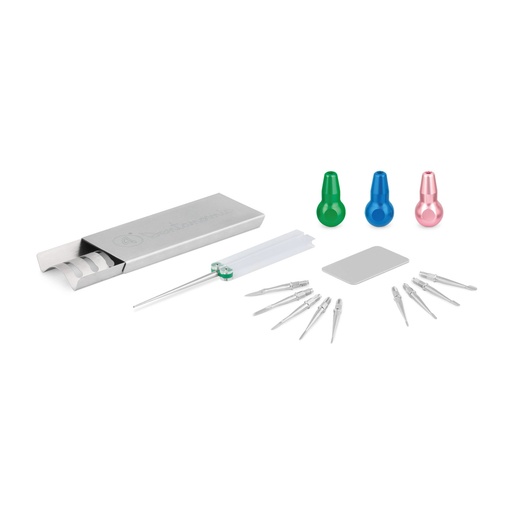 [175060] DENTANOMIC Set – Silver, 3 Handles ( green, Blue, pink)  +  Elevator and Luxator Blades Set ( 9 pieces) 