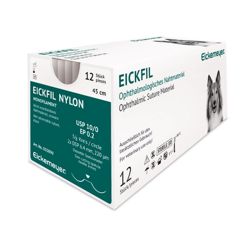 [050899] EickFil Nylon, USP 10/0, EP 0.2, 3/8 C 2xDSP 6,4mm 220µm, side cut. double arme black, 45 cm, box with 12 sutures