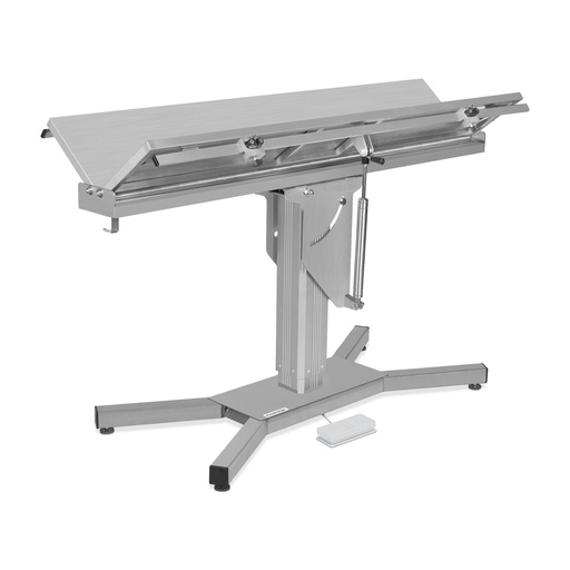 [602060] Operating table with stainless steel V-top, 140 x 50 cm, tilt mechanism one direction appx. 75°, X-Form base, elect., incl. railsystem and quick fixation blocks